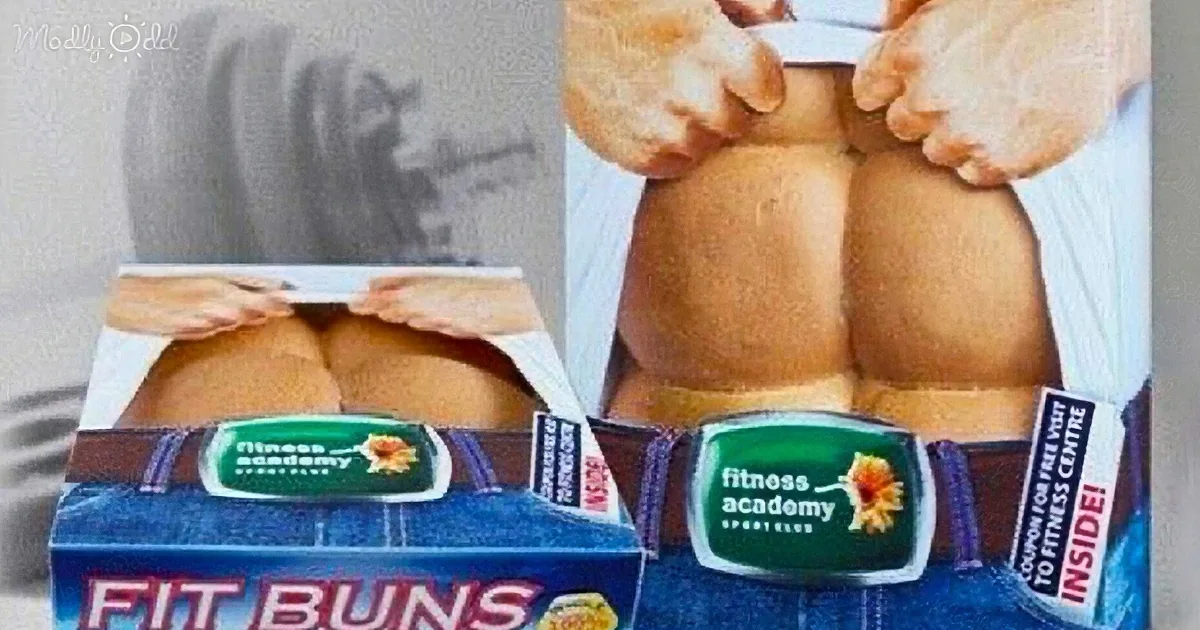 A person's buttocks are humorously displayed on a product box labeled "Fit Buns."