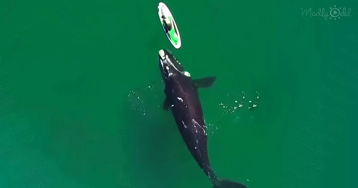 Woman on paddleboard and giant whale