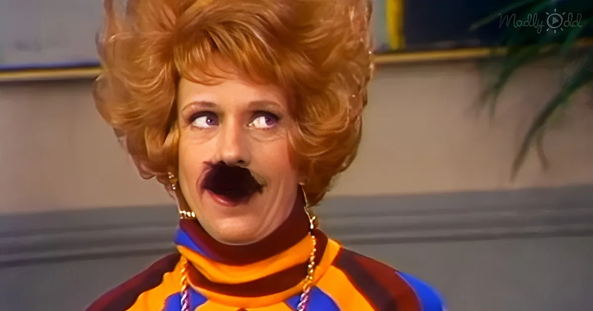 A person with a large, exaggerated mustache and blonde hair styled in a 1970s fashion is wearing a colorful striped outfit.