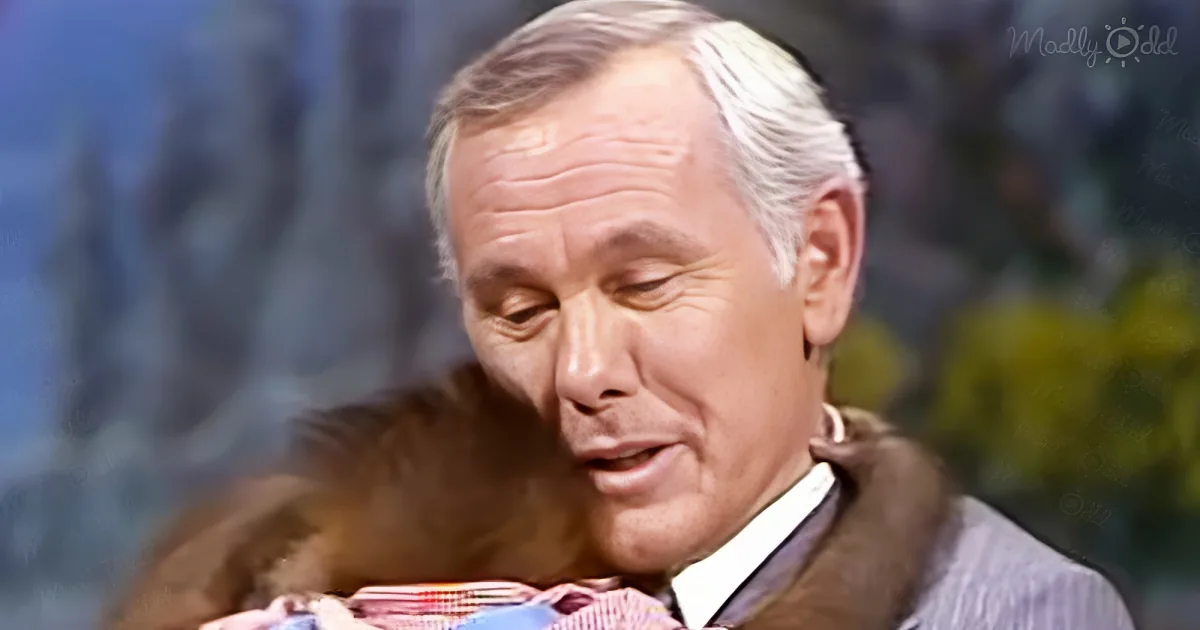 Johnny Carson gets a hug from a baby orangutan