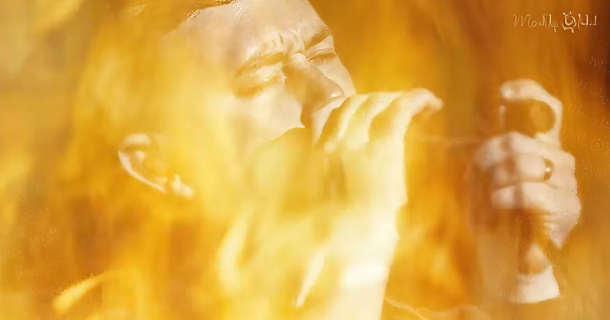 A close-up of a person's face with a golden, glowing effect surrounding them.