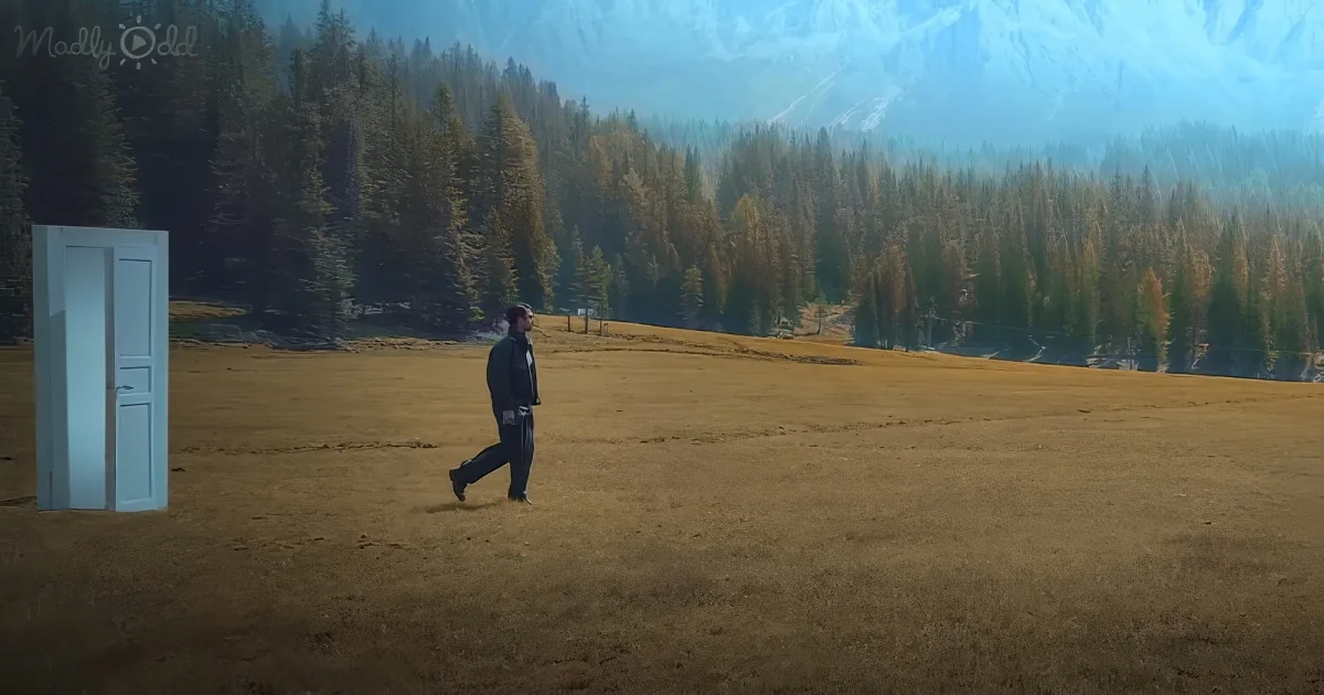 A person stands in a vast, empty field with a door on the left and a forested mountain range in the background.