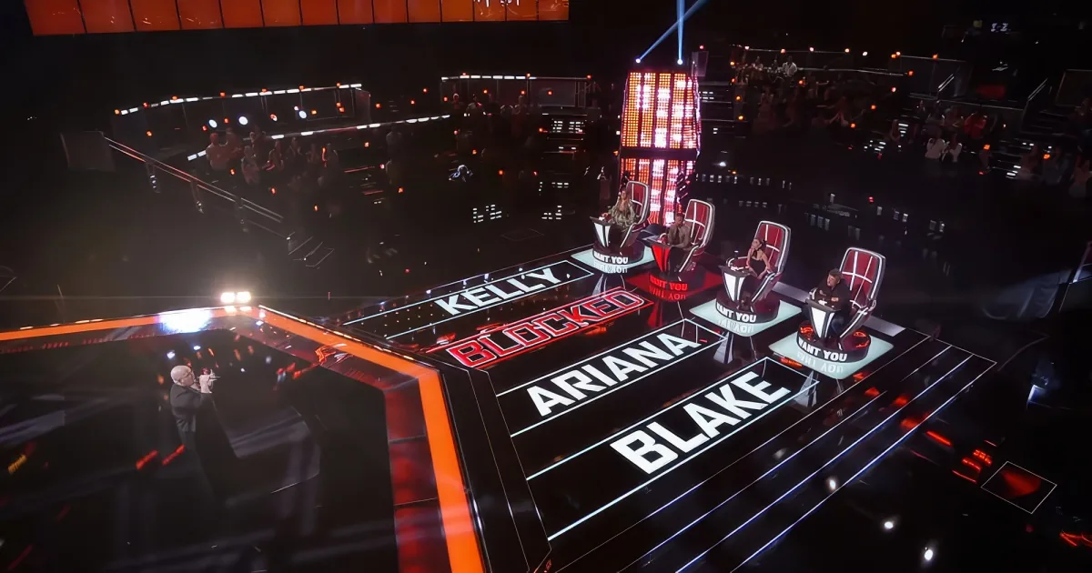 A stage with judges' chairs and the word "BLOCKED" prominently displayed.