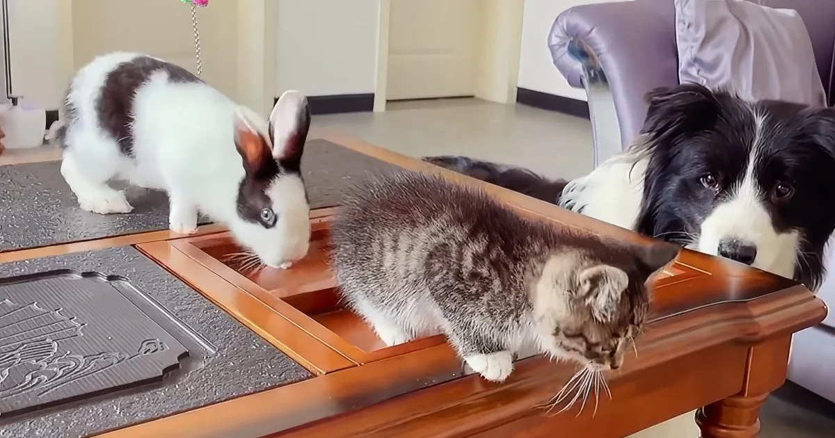 Border Collie, bunny, and kitten