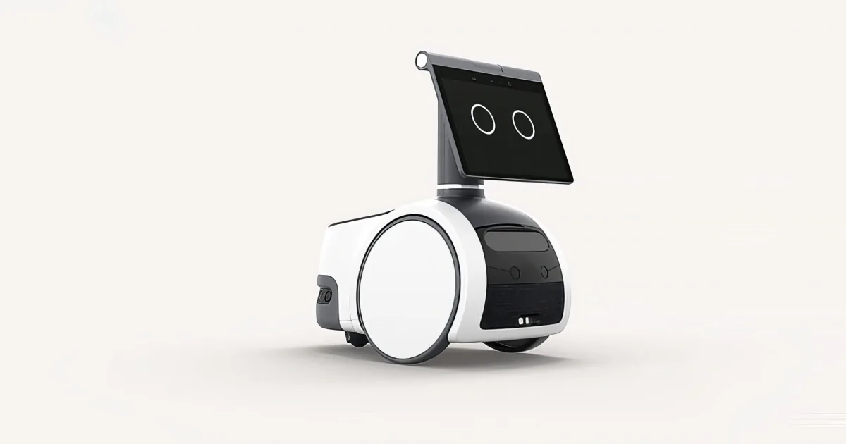 A futuristic robot with a tablet-like screen on its head and wheels for mobility.