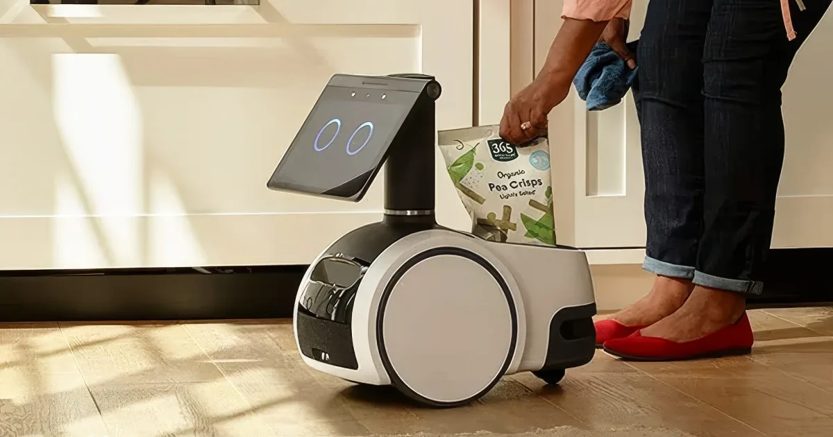 A robot vacuum with a tablet screen assists a person in picking up groceries.
