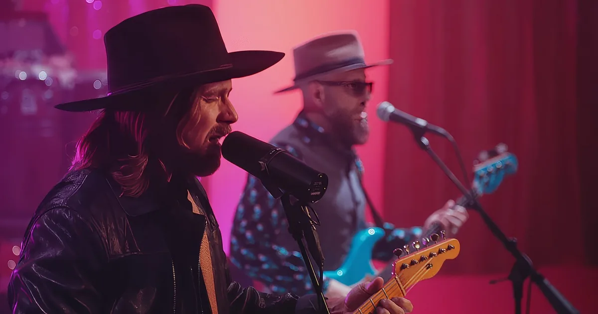 A man in a black hat and leather jacket sings into a microphone, accompanied by another musician playing guitar.