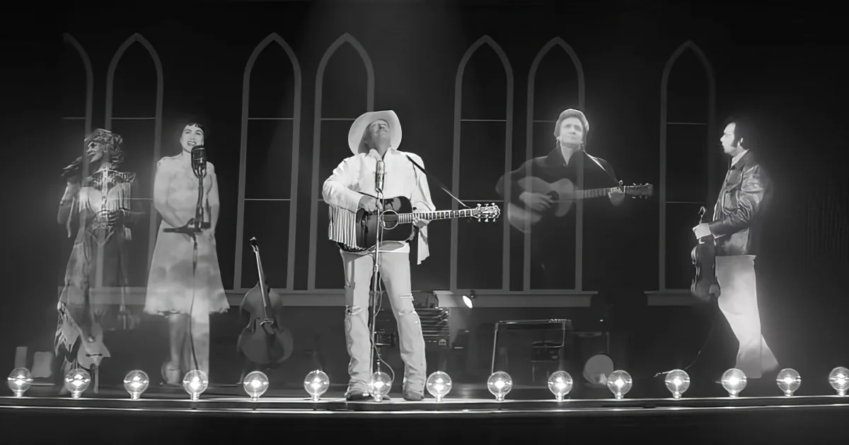 A group of musicians in Western attire perform on stage with a church window backdrop.