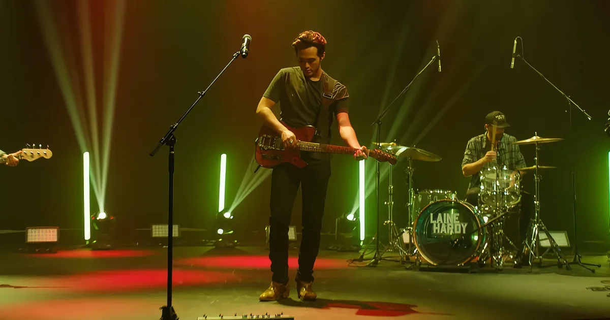 A guitarist in a dark shirt plays a red guitar on stage with green and red lighting.