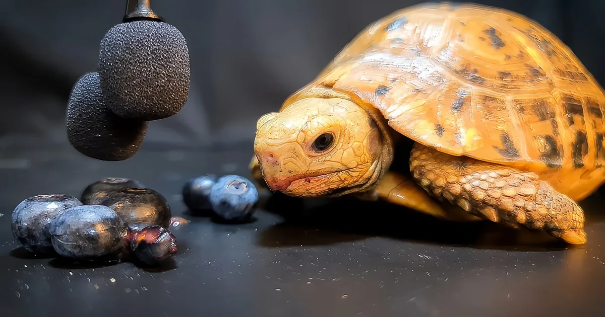 A tortoise with a textured shell sits near blueberries and a microphone on a dark surface.
