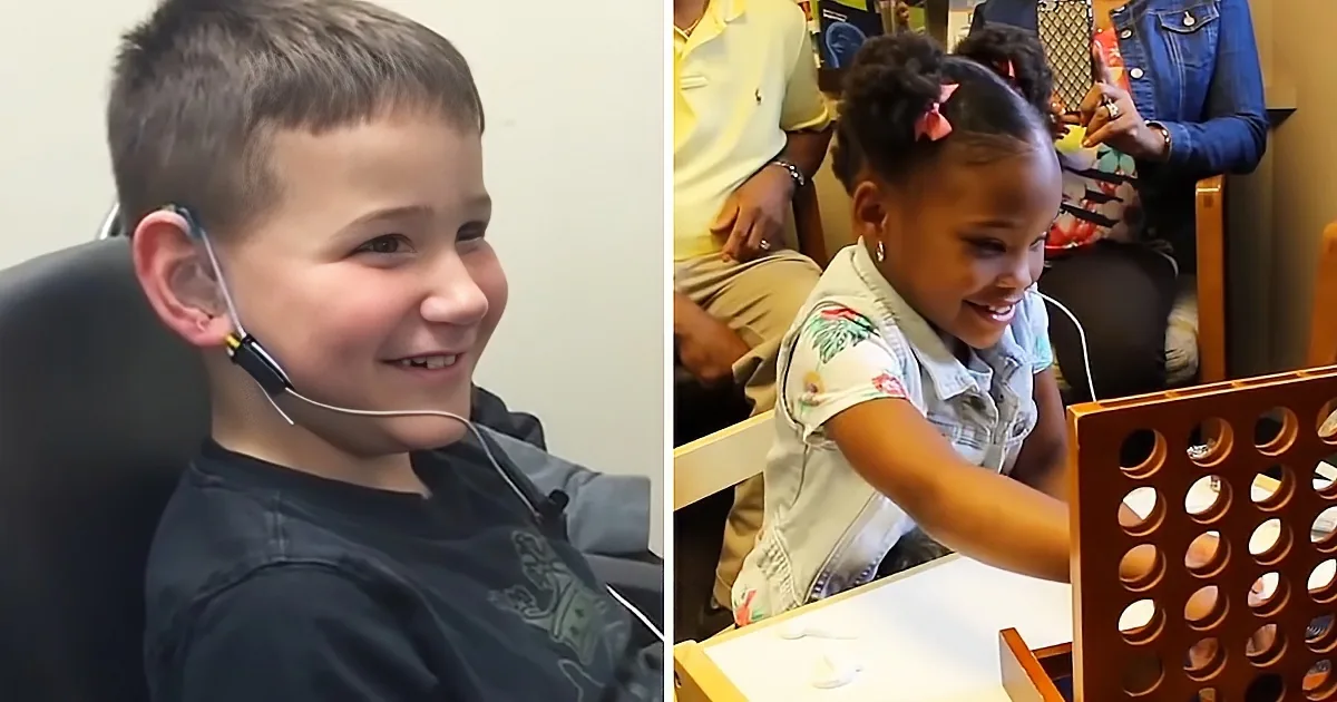 A boy with a headset smiles, while a girl with a bow plays a game, both appearing happy and engaged.