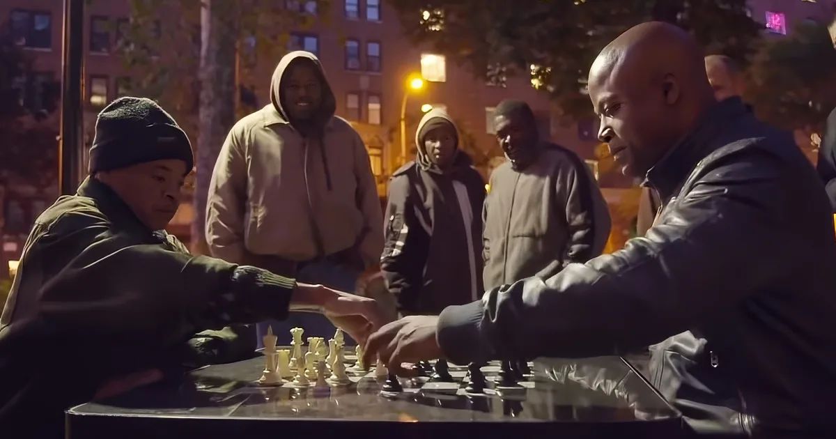 Two men play chess at night, surrounded by onlookers in a city setting.