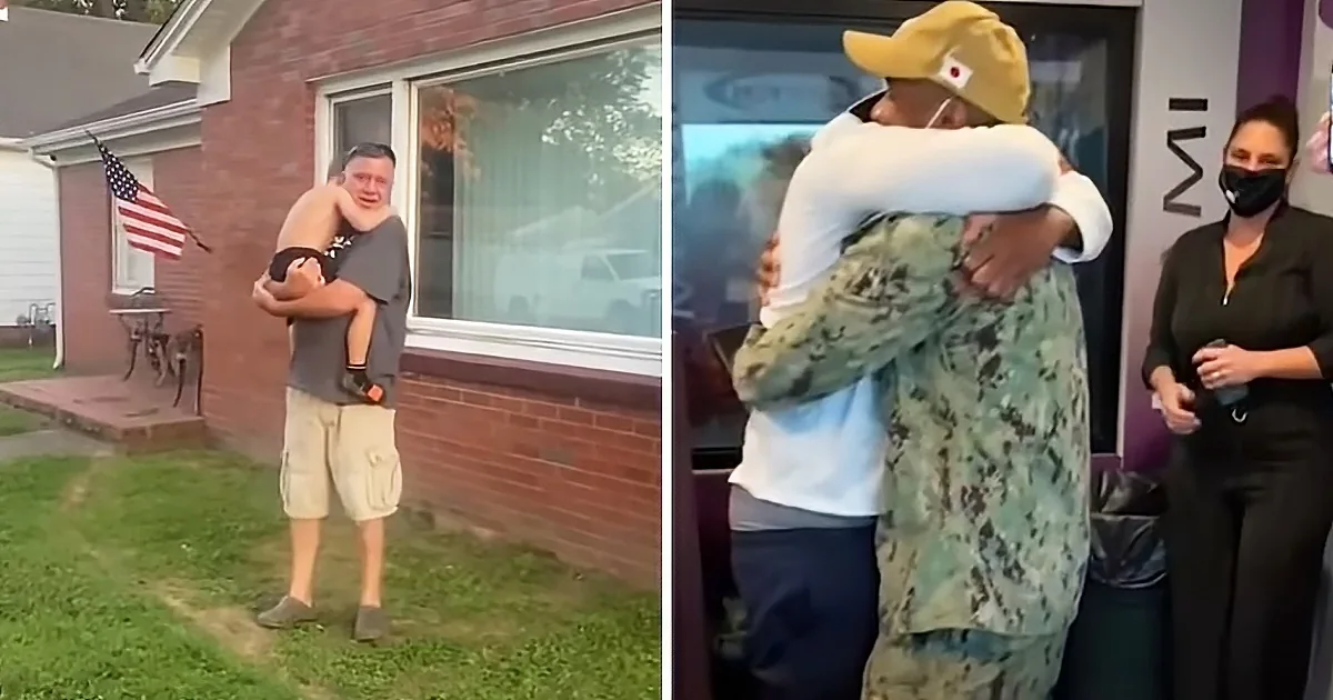 A man in military uniform hugs another man in a white shirt, while a woman in a black mask stands nearby.
