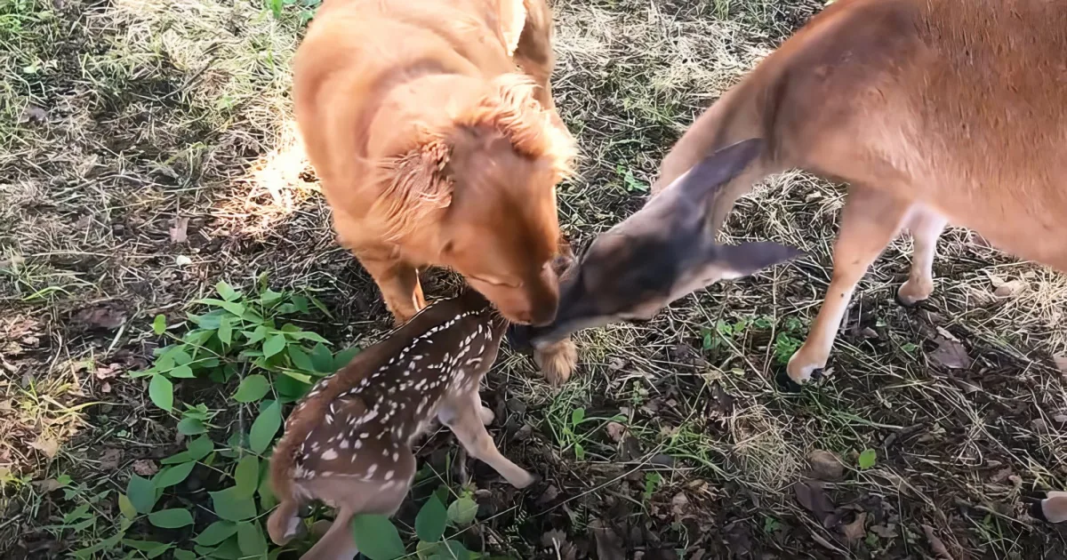Deer Family with Golden Retriever