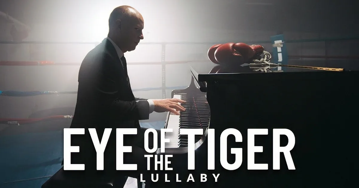 A man sits at a grand piano in a boxing ring, illuminated by a bright light from behind.