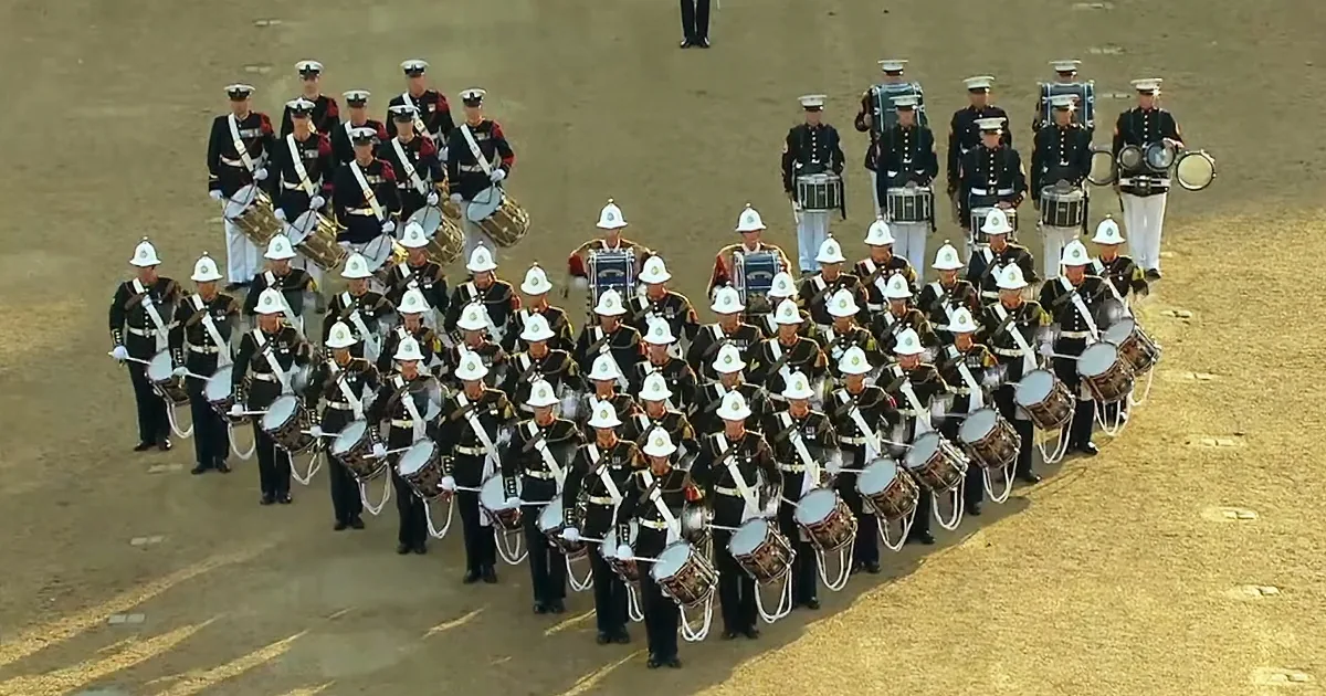 Three Marine Corps Bands Perform an Unbelievably Coordinated Drums Display