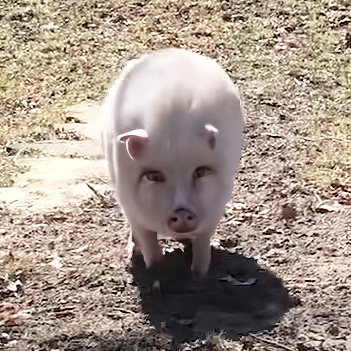 A small white pig stands on a dirt path, facing the camera with a curious expression.