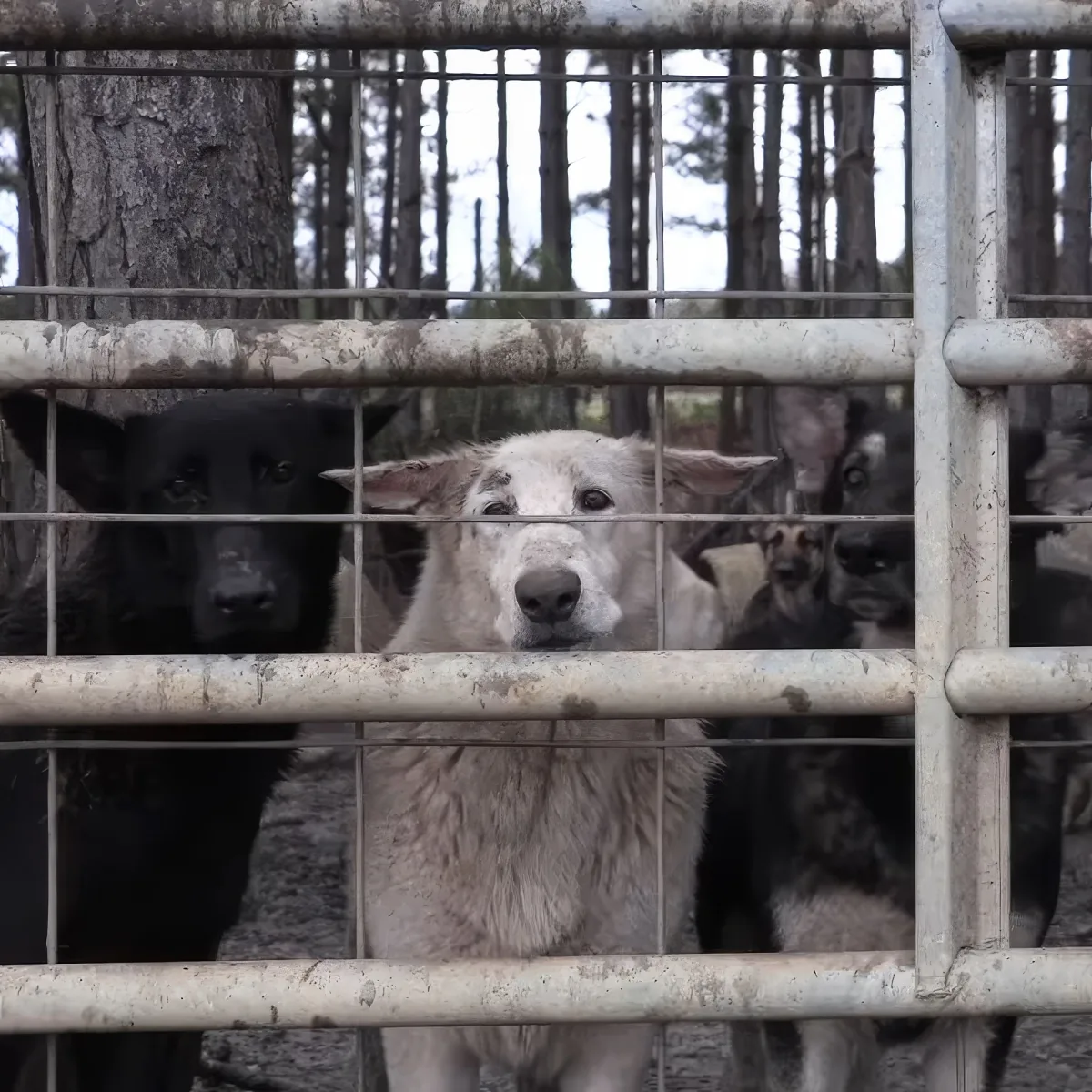 A white dog with a black dog behind it, both looking through a metal gate in a forested area.