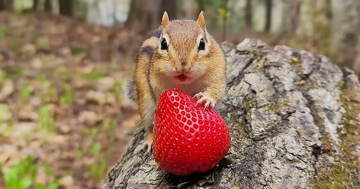 A chipmunk holds a large strawberry on a tree trunk in a forest setting.
