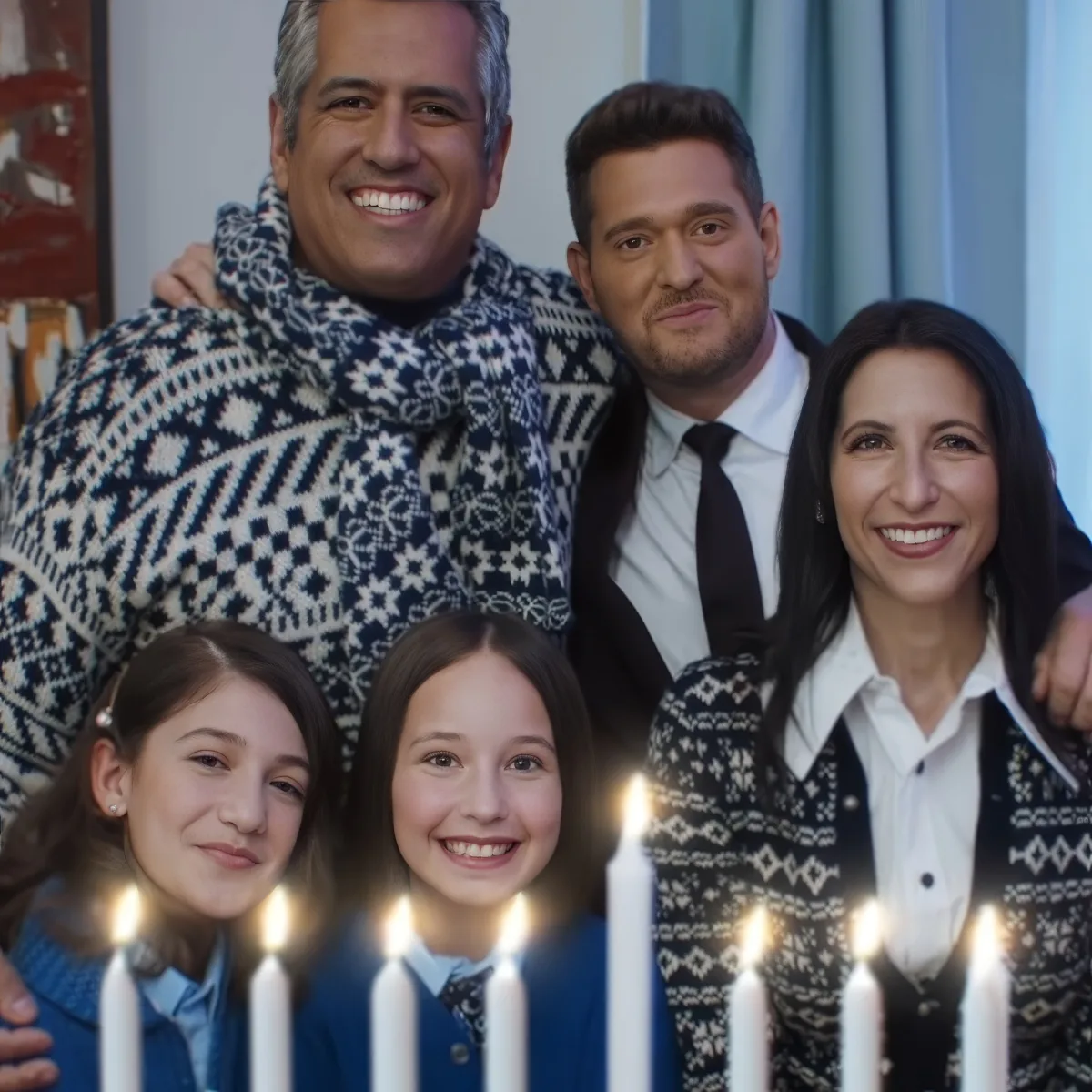 A family of five smiles together, candles in front, wearing festive sweaters.
