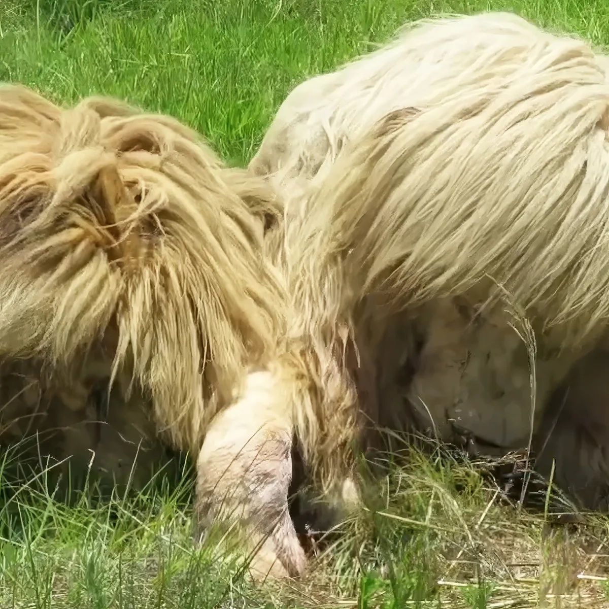 Two fluffy, light-colored animals, possibly sheep or goats, are grazing in a grassy field.