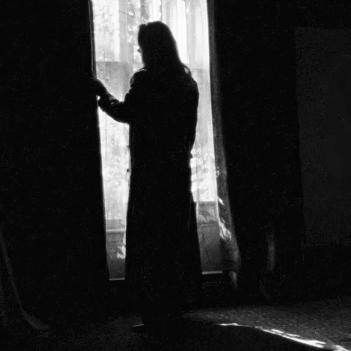 A silhouette of a person in a long coat stands in a doorway, facing away from the camera.