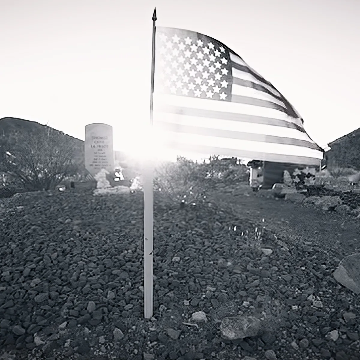 An American flag waves in the wind, partially obscuring a sunlit memorial stone in a rocky landscape.