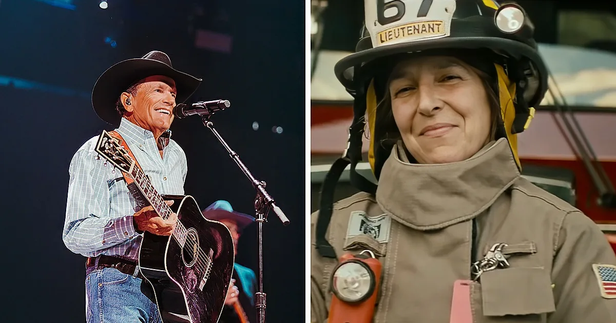 A man in a cowboy hat plays guitar on stage, while a woman in a firefighter uniform smiles nearby.