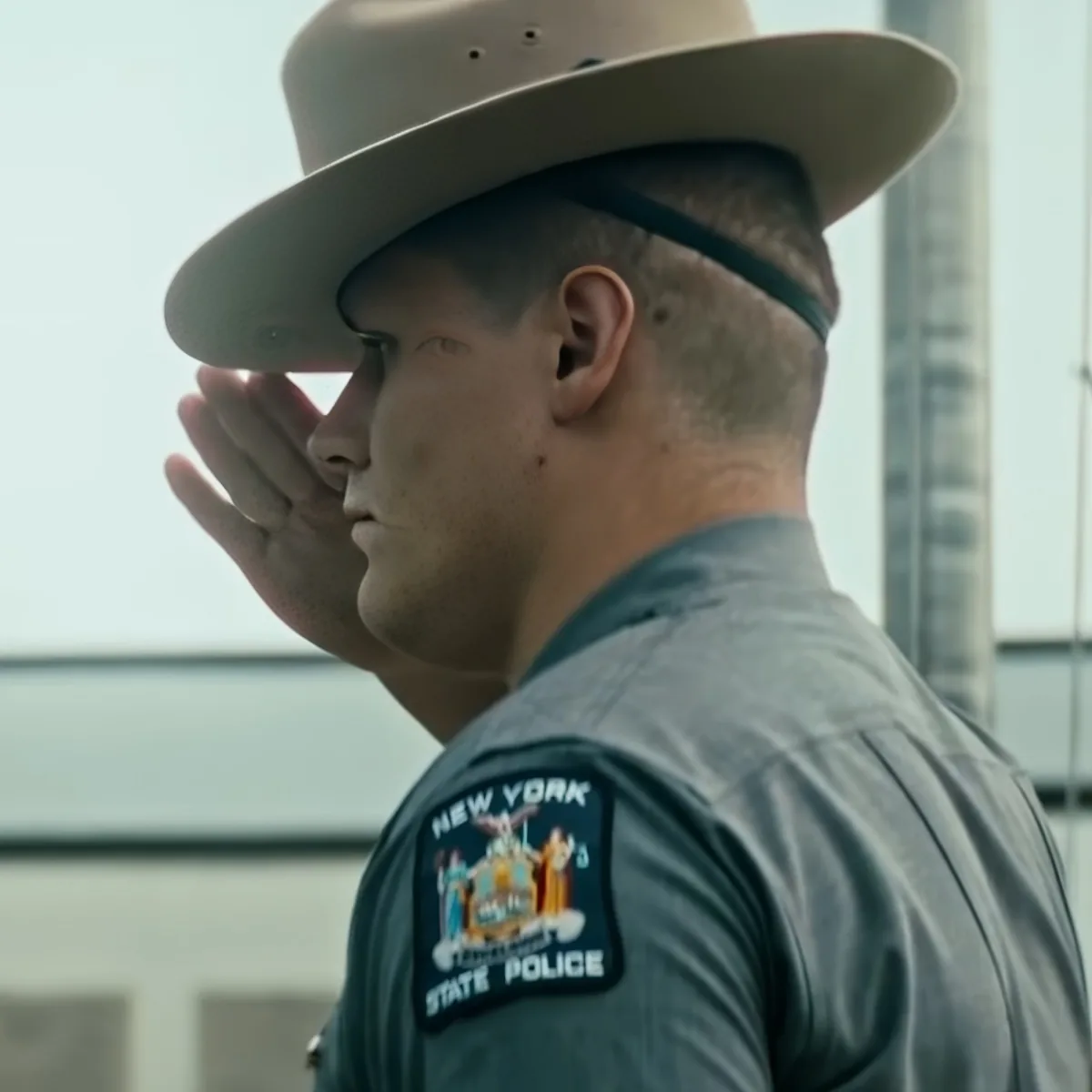 A New York State Police officer salutes, wearing a tan hat and uniform with a badge.