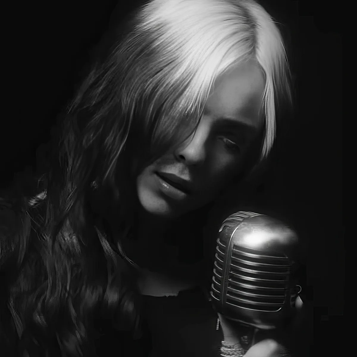 A person with long hair sings into a vintage microphone against a dark background.