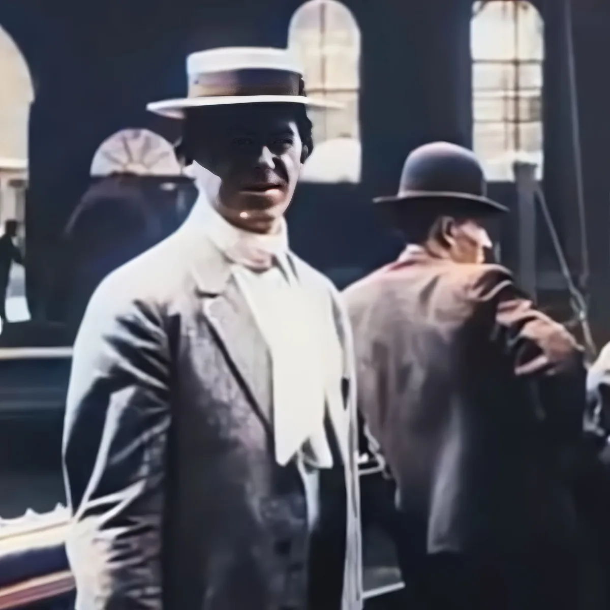 A man in a white suit and hat stands in a train station, looking to the side.