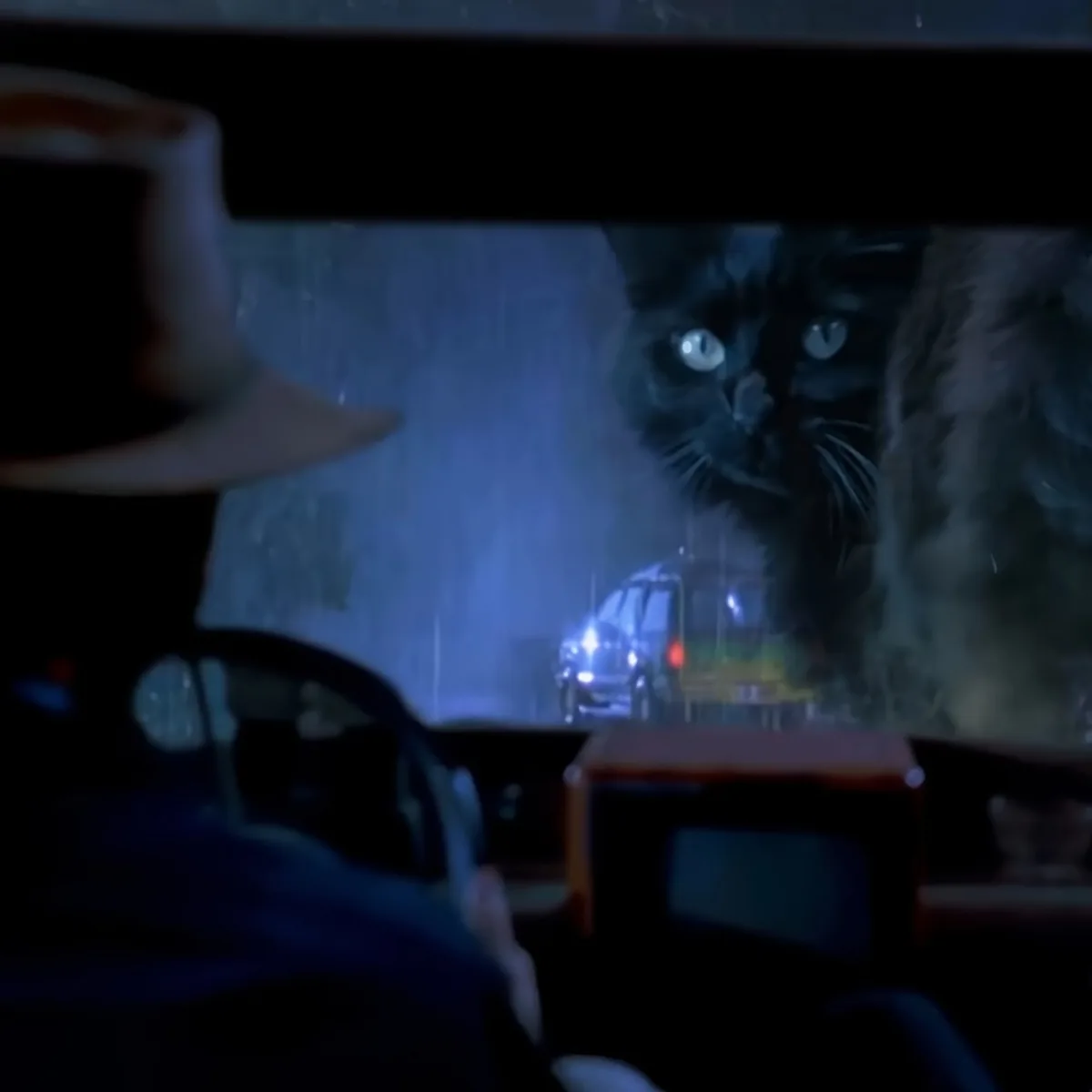 A black cat with glowing eyes peers through a car window in the rain.