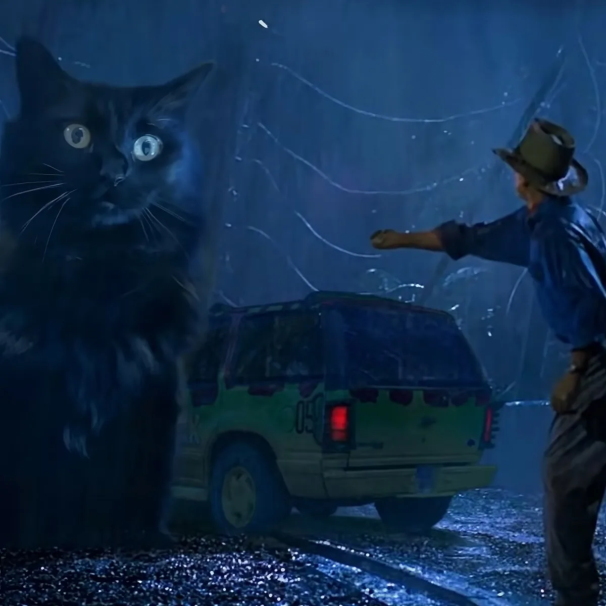 A man in a hat points at a giant black cat in the rain, with a van in the background.