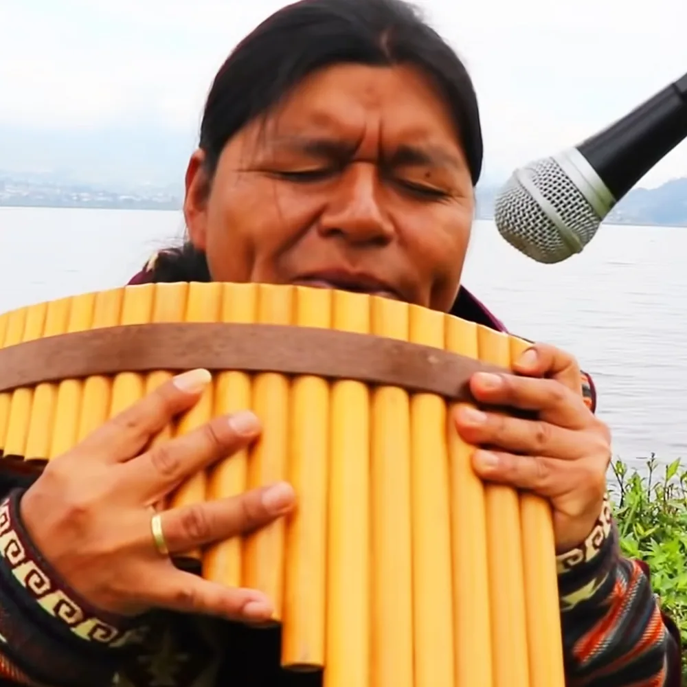 A person plays a pan flute near a body of water, with a microphone nearby.
