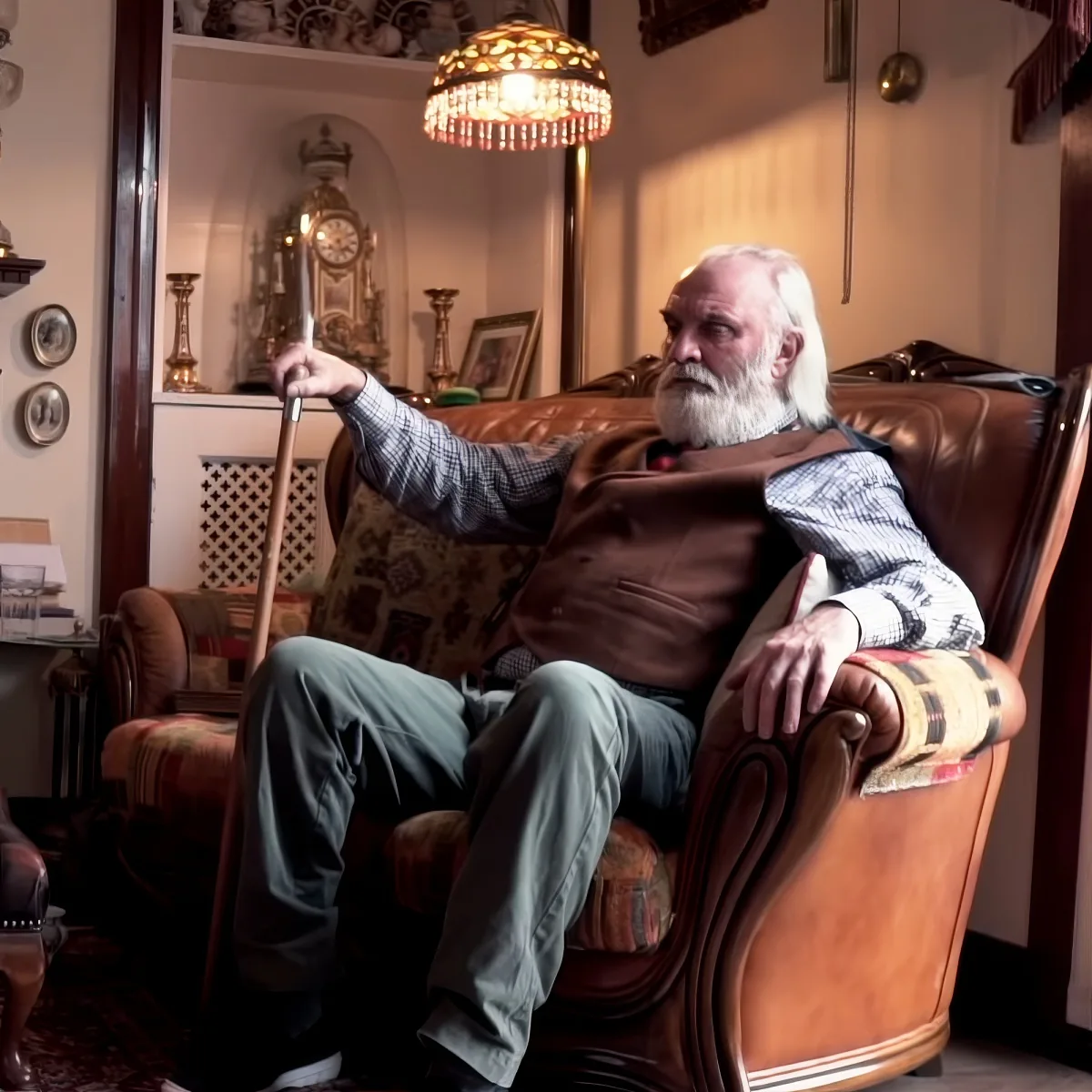 An elderly man with white hair and beard sits in a leather armchair, holding a cane, in a warmly lit room with vintage decor.