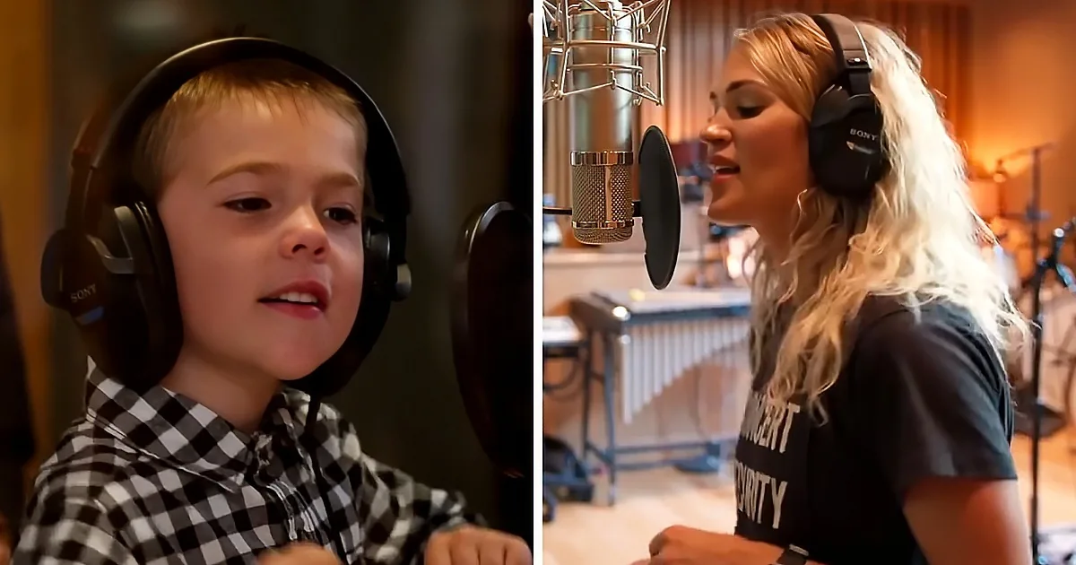 A young boy and a woman wearing headphones are singing in a recording studio.