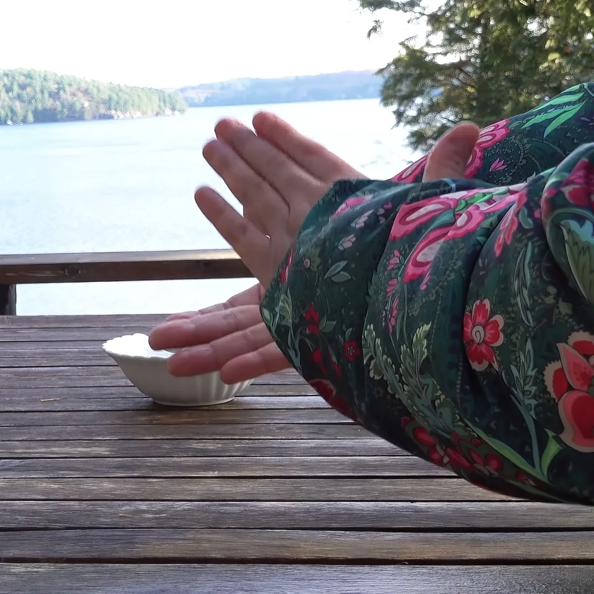 A person in floral pajamas claps hands near a white bowl on a wooden deck overlooking a lake.