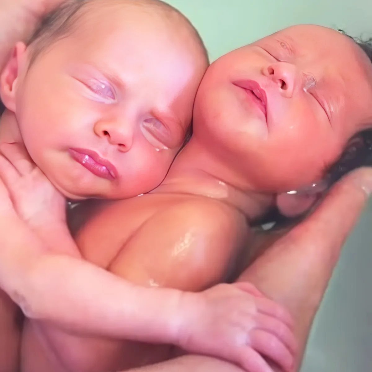 Two newborn babies are being held, appearing peaceful and wrapped in a light blue background.