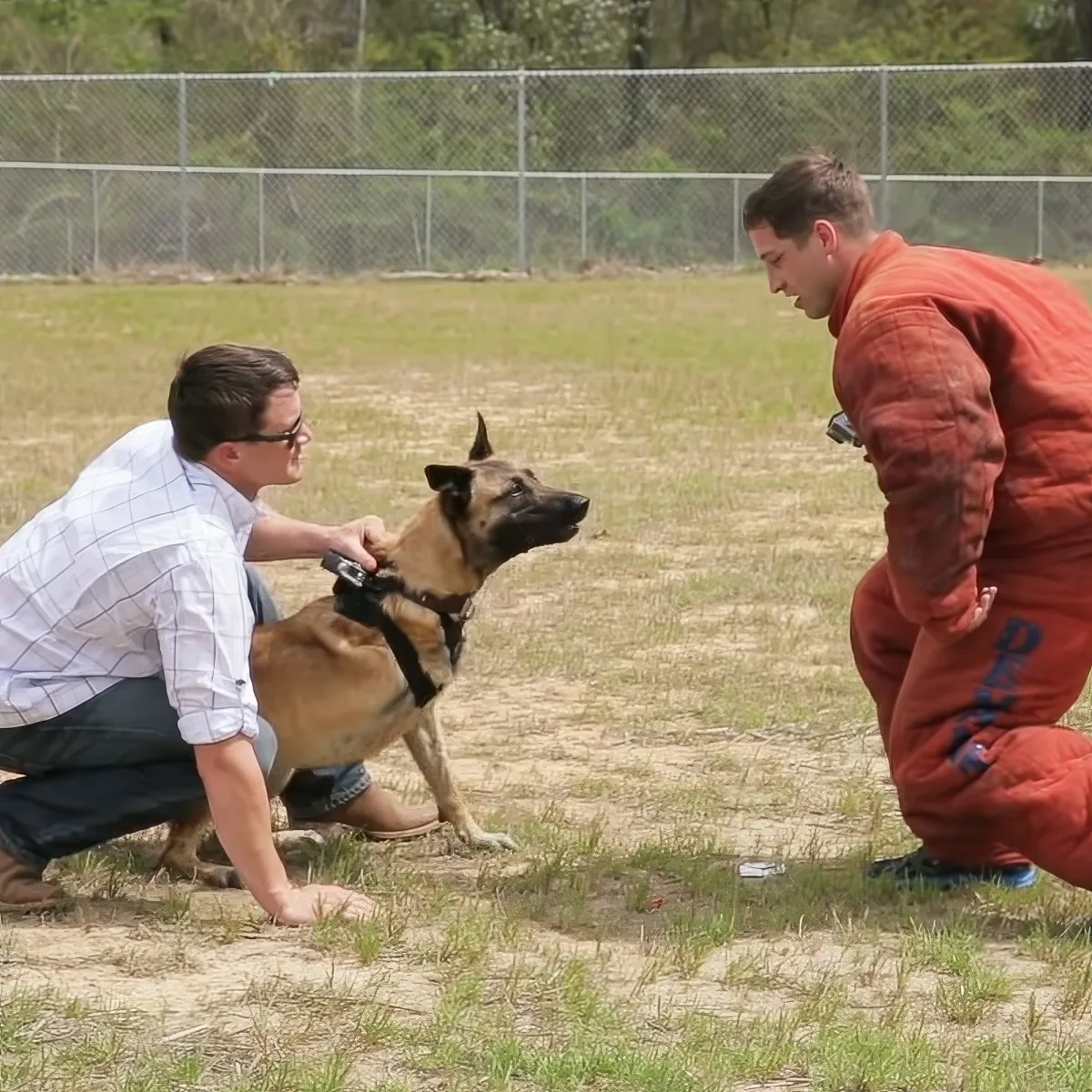 A man in a white shirt and another in an orange jumpsuit interact with a dog in a grassy field.