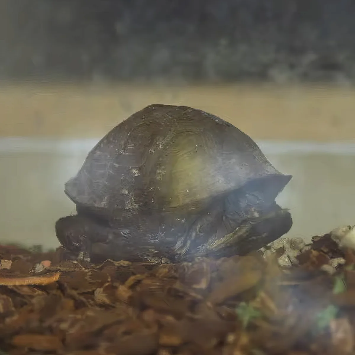 A turtle with a dark shell and yellowish underside is resting on a bed of brown pebbles.