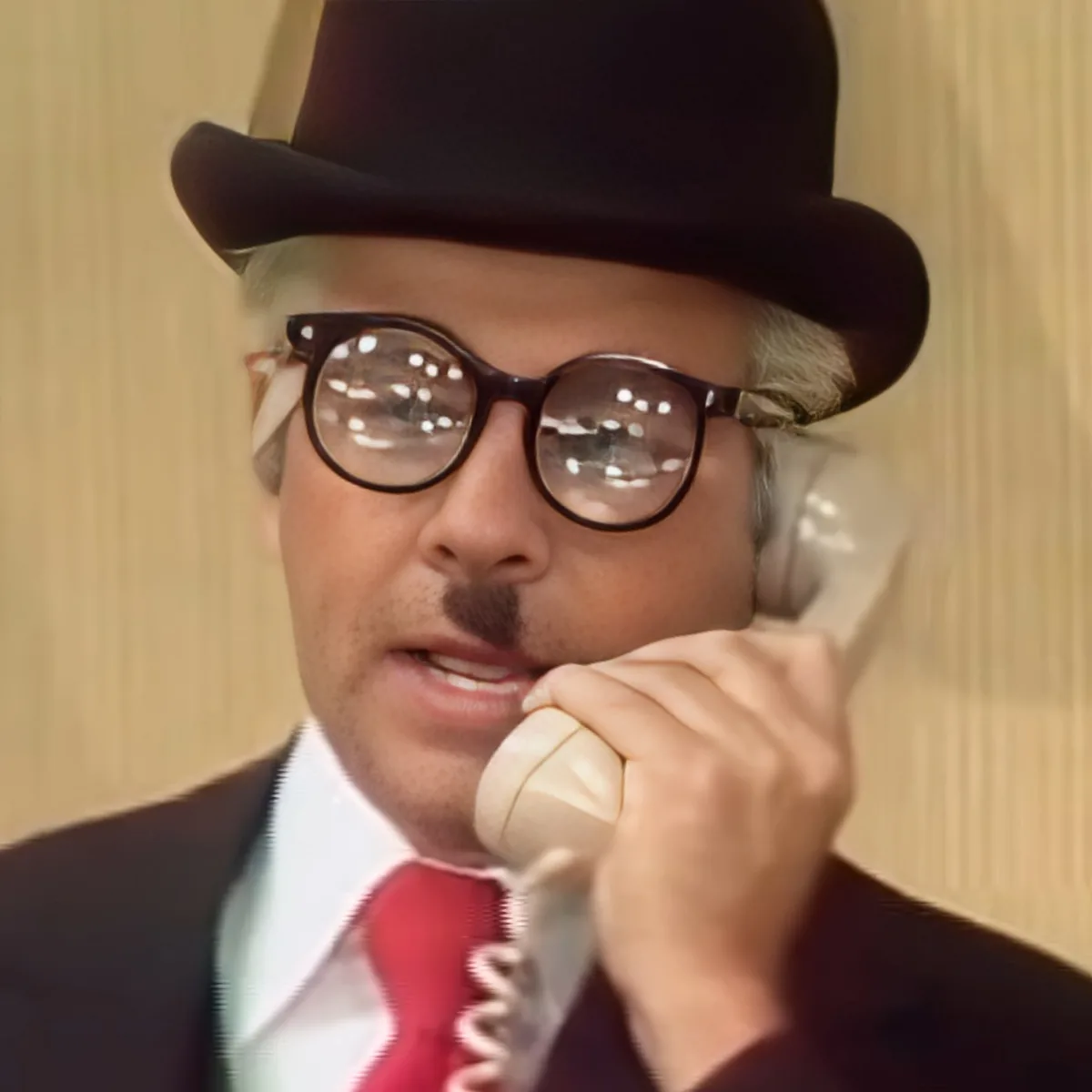 A man in a suit, top hat, and round glasses is holding a white telephone receiver to his ear.