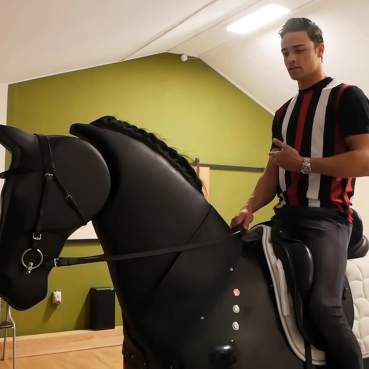 A man in a striped shirt is adjusting a saddle on a black horse in a room with a green wall.