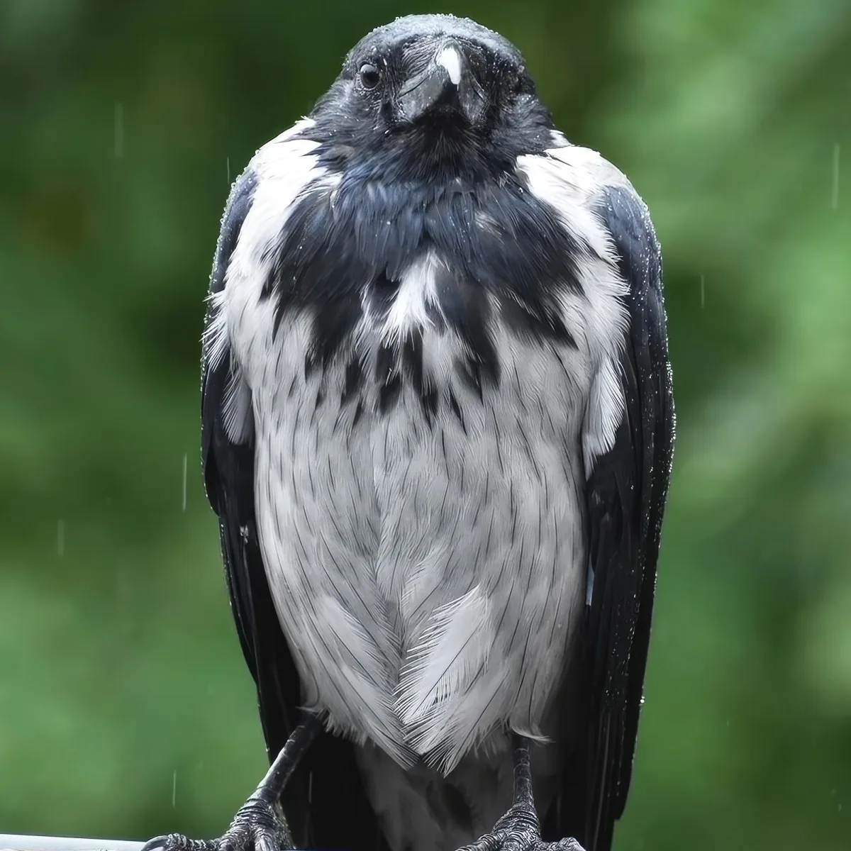 A black and white bird, likely a crow, perched with raindrops visible, against a green background.