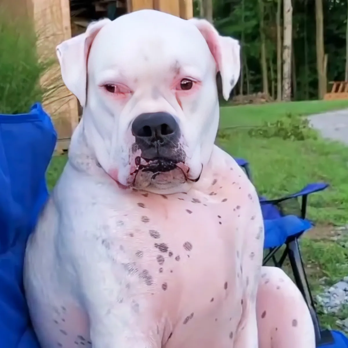 A white dog with black spots sits on a blue chair, looking directly at the camera.
