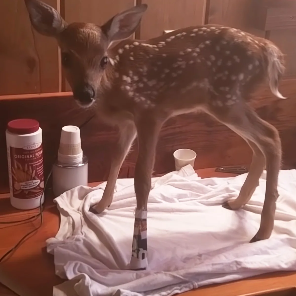 A fawn with a bandaged leg stands on a white cloth, surrounded by household items.