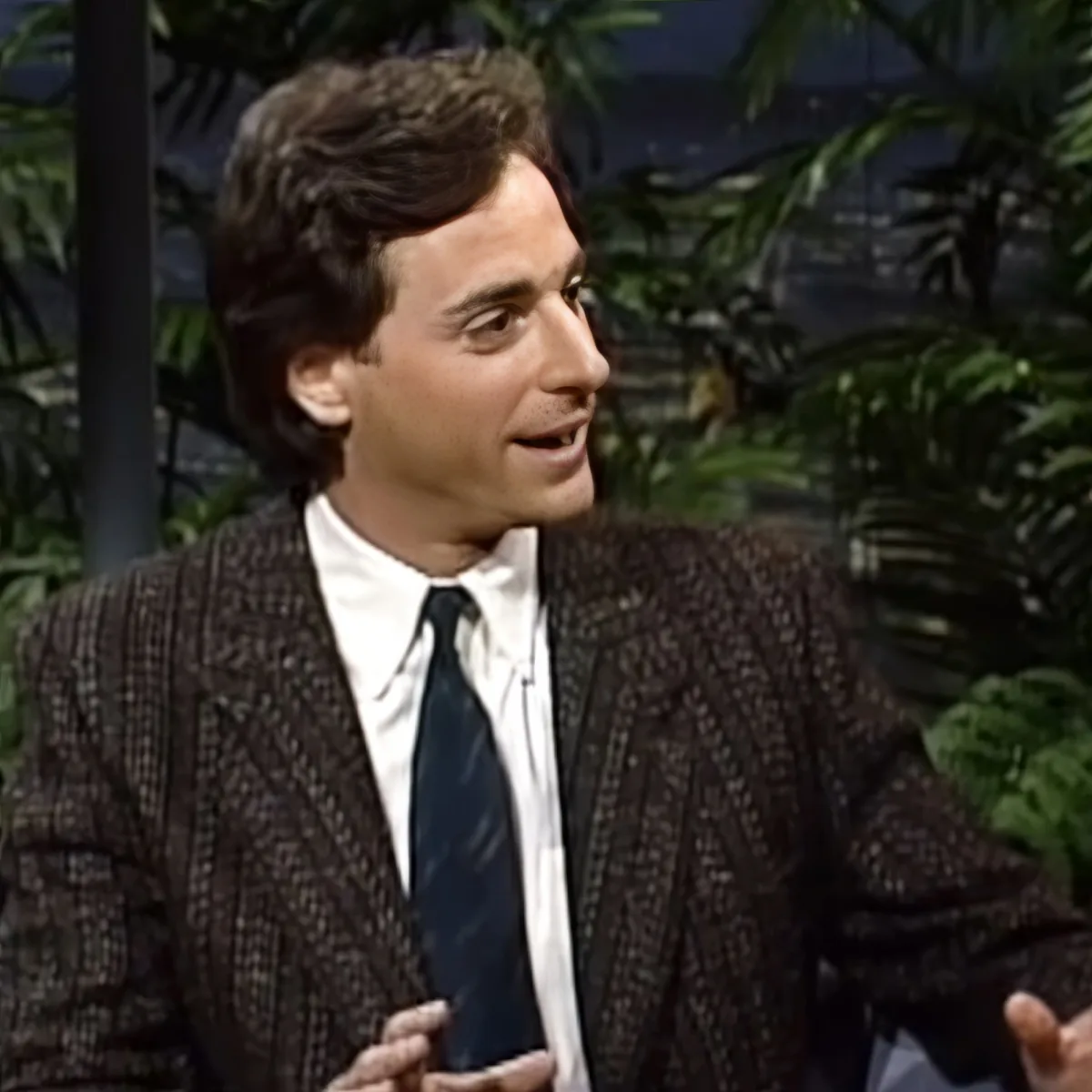 A man in a patterned suit jacket and tie is speaking, with a tropical backdrop.