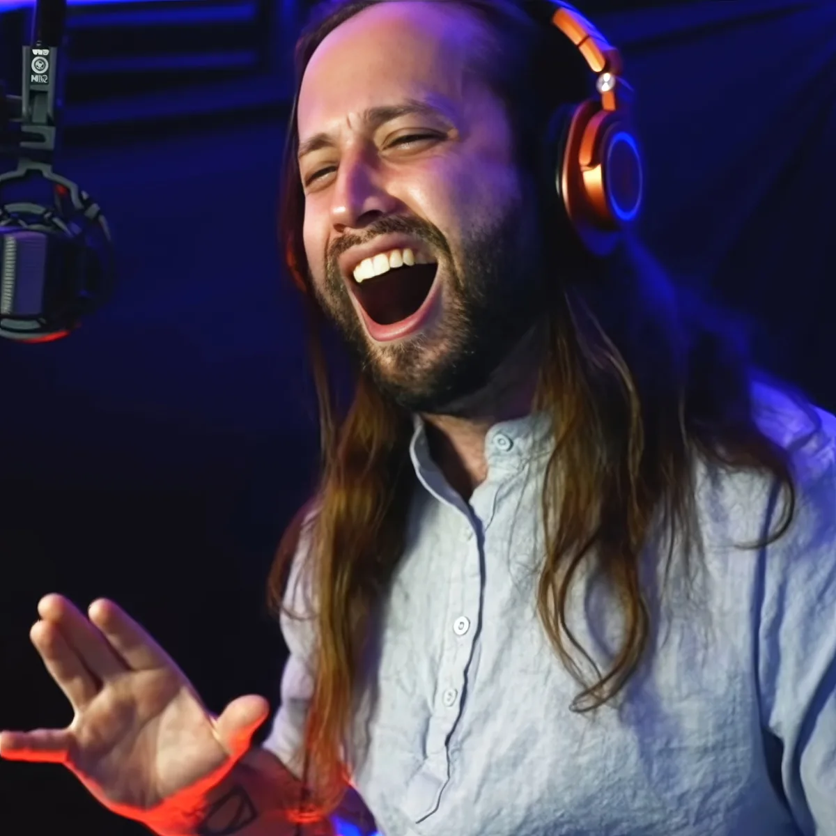A man with long hair and beard, wearing headphones, is laughing and gesturing with his hand in a recording studio.