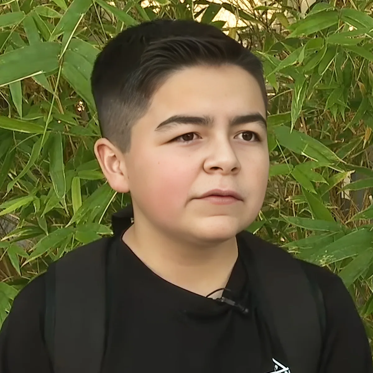 A young person with short hair, wearing a black shirt, stands in front of green bamboo leaves.