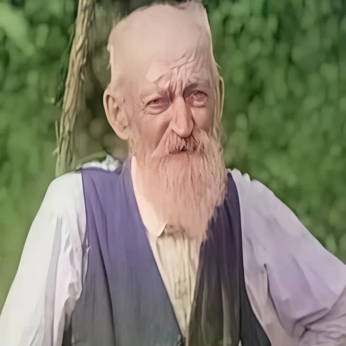 An elderly man with a long white beard and mustache, wearing a purple vest and white shirt, stands in front of a green...