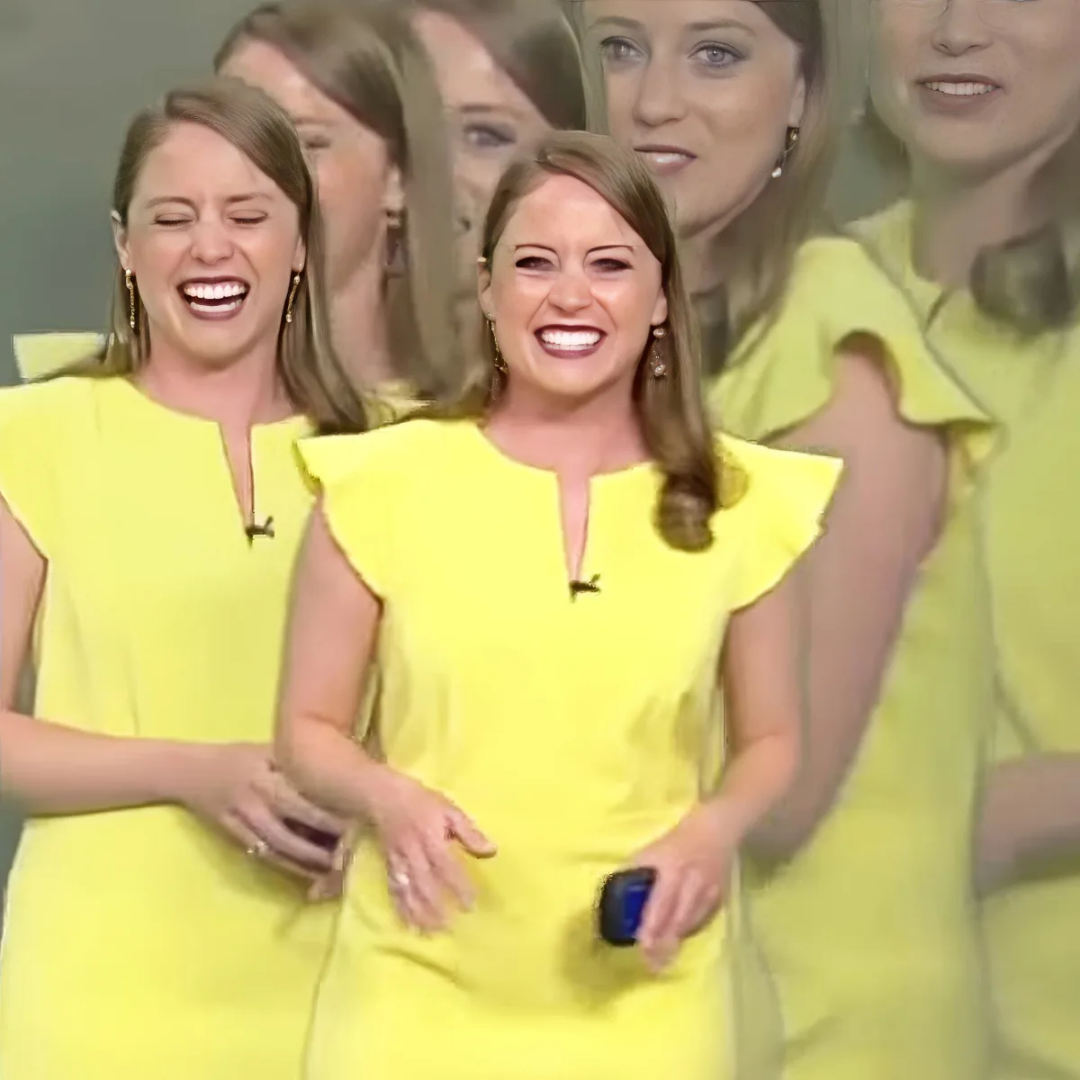 A woman in a bright yellow dress smiles widely, holding a small object, with multiple images of her in the background.